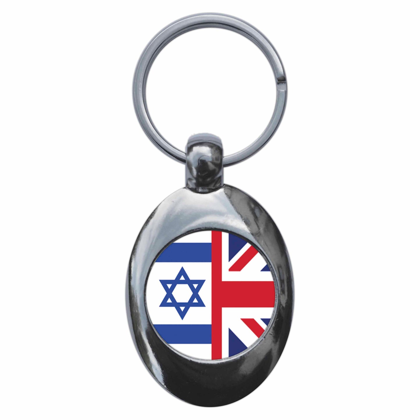 A picture of the front of the product, titled Israel United Kingdom Split Flag Metal Keyring With Trolley Coin