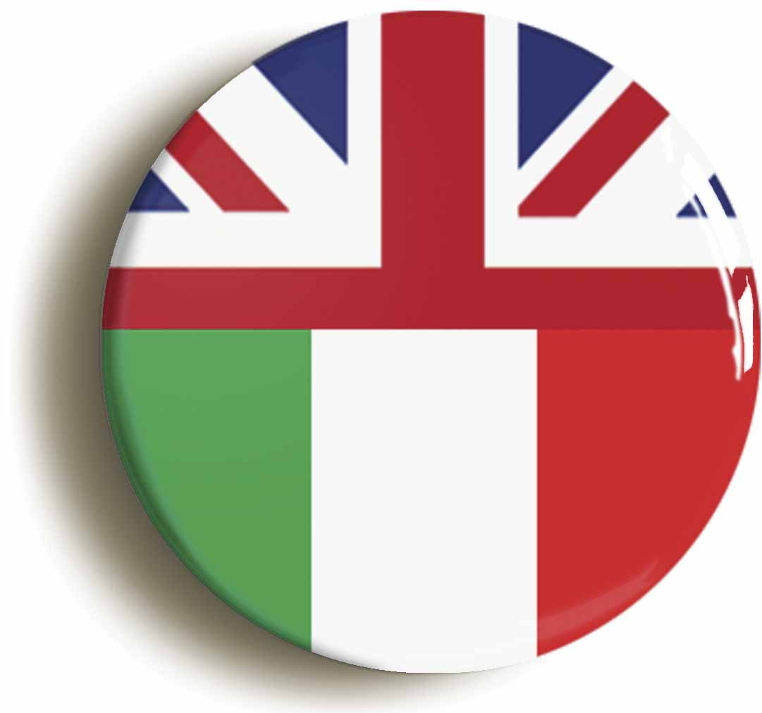 A picture of the front of the product, titled Italy United Kingdom Split Flag Circular 50mm Fridge Magnet