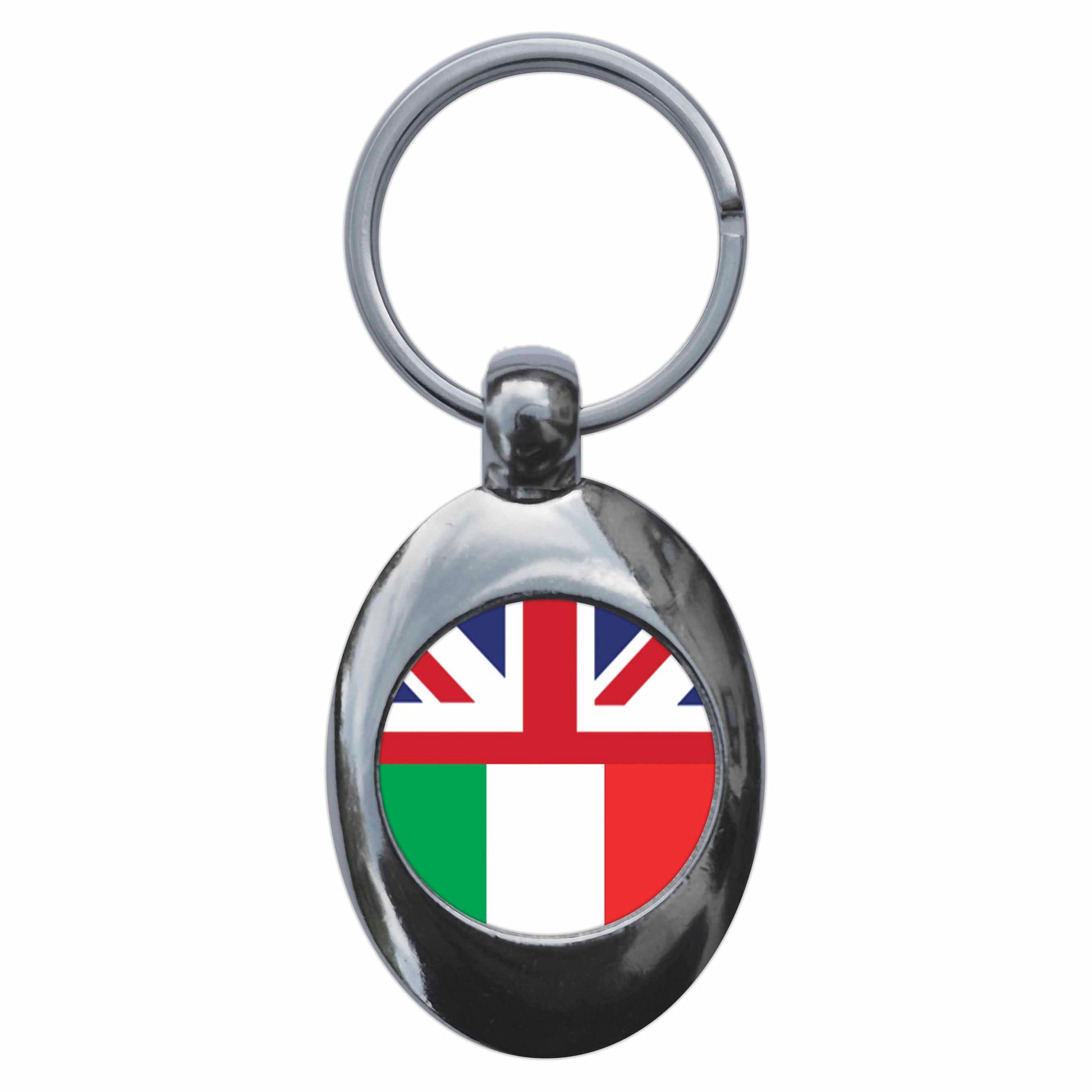 A picture of the front of the product, titled Italy United Kingdom Split Flag Metal Keyring With Trolley Coin