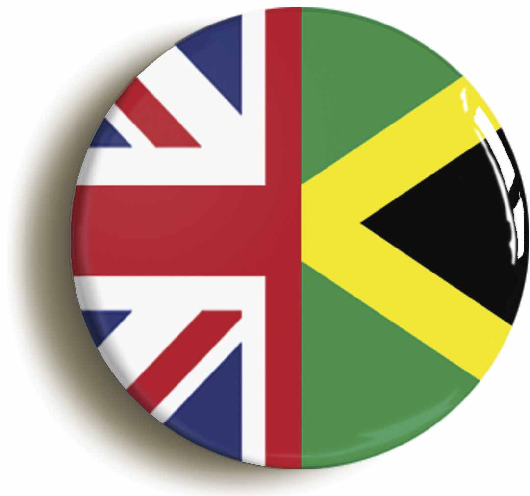 A picture of the front of the product, titled Jamaica United Kingdom Split Flag Button Pin Badge