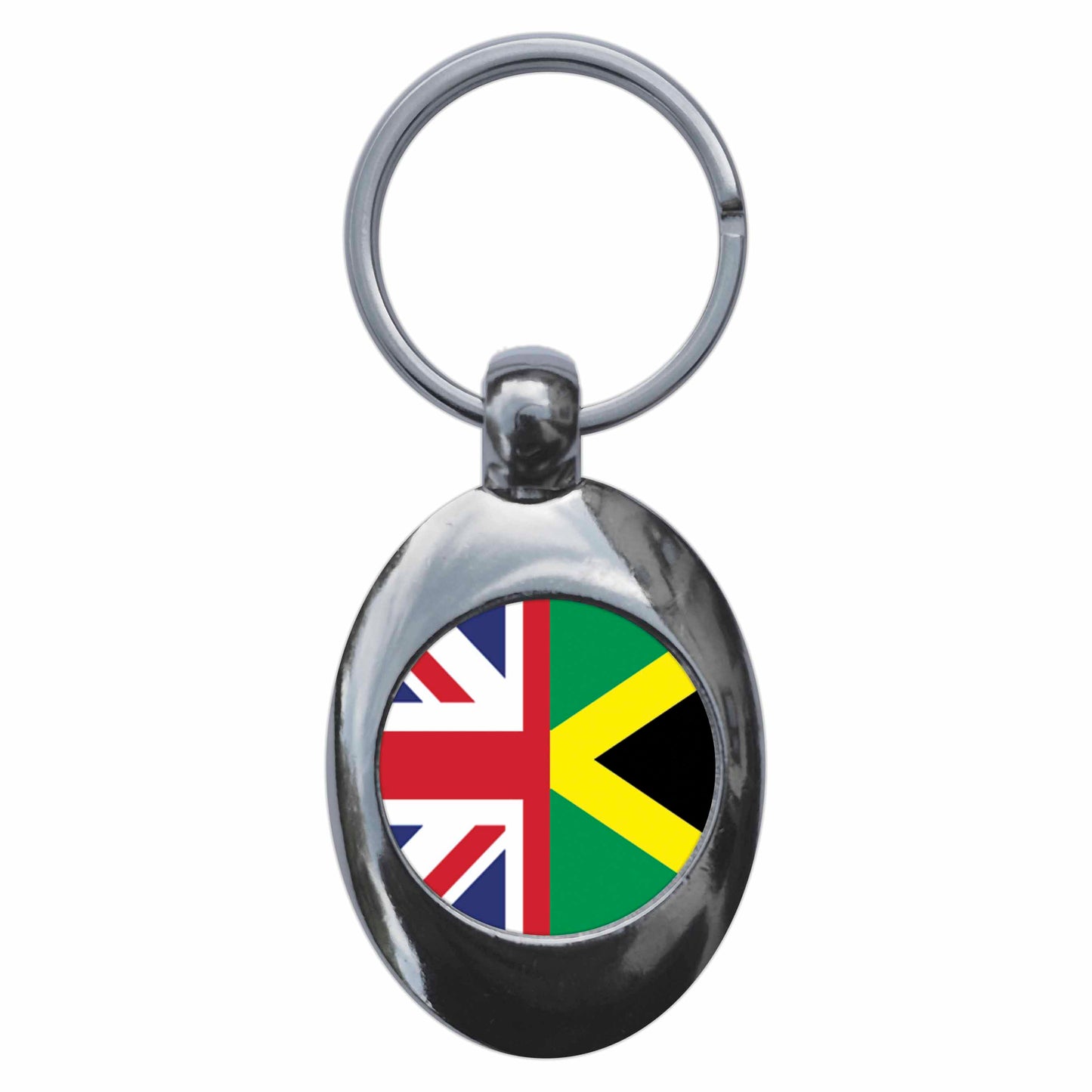 A picture of the front of the product, titled Jamaica United Kingdom Split Flag Metal Keyring With Trolley Coin