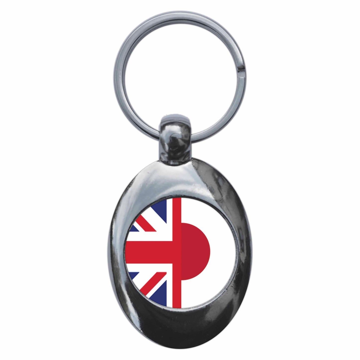A picture of the front of the product, titled Japan United Kingdom Split Flag Metal Keyring With Trolley Coin