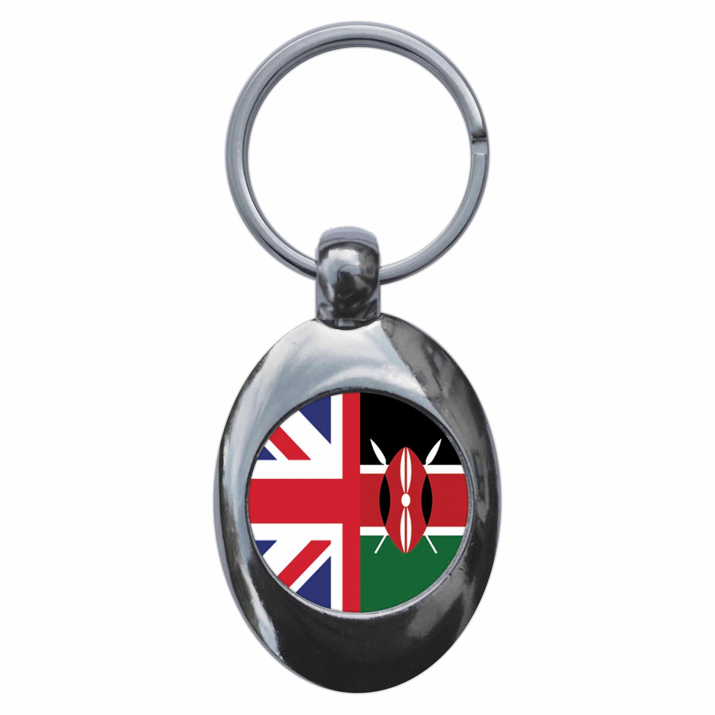 A picture of the front of the product, titled Kenya United Kingdom Split Flag Metal Keyring With Trolley Coin