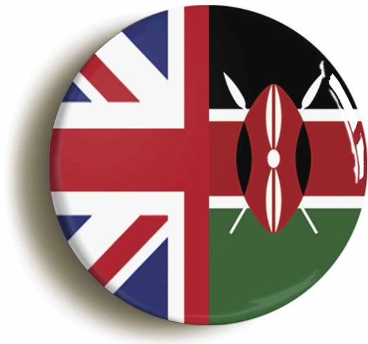 A picture of the front of the product, titled Kenya United Kingdom Split Flag Circular 50mm Fridge Magnet