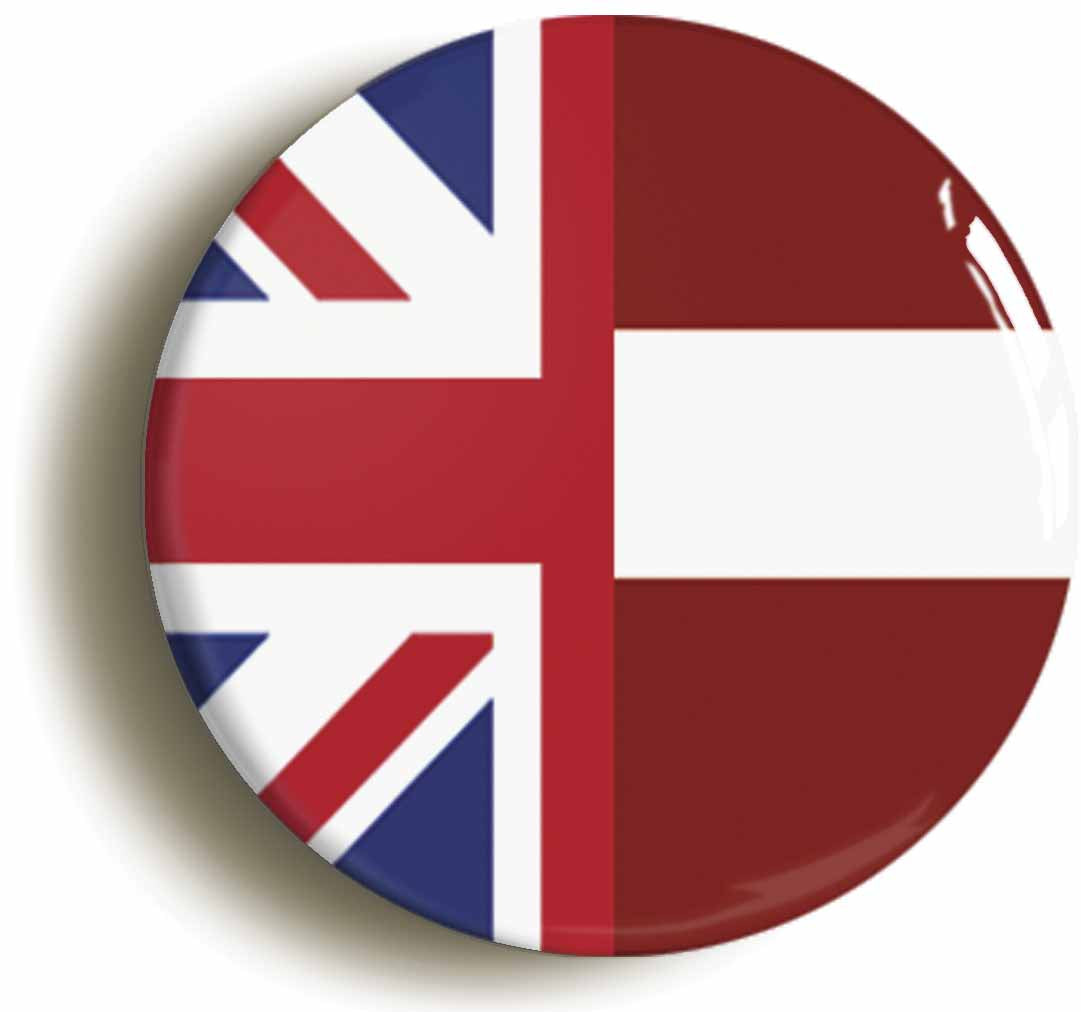 A picture of the front of the product, titled Latvia United Kingdom Split Flag Circular 50mm Fridge Magnet