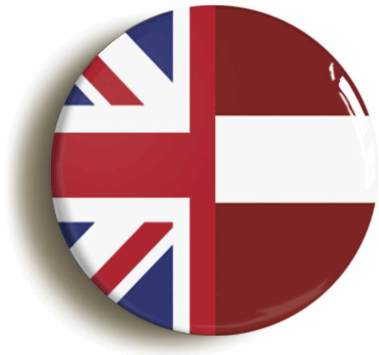 A picture of the front of the product, titled Latvia United Kingdom Split Flag Circular 50mm Fridge Magnet