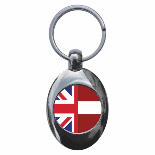A picture of the front of the product, titled Latvia United Kingdom Split Flag Metal Keyring With Trolley Coin