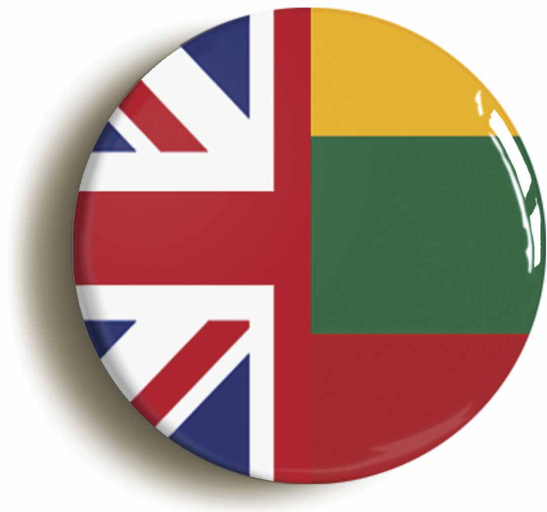 A picture of the front of the product, titled Lithuania United Kingdom Split Flag Circular 50mm Fridge Magnet