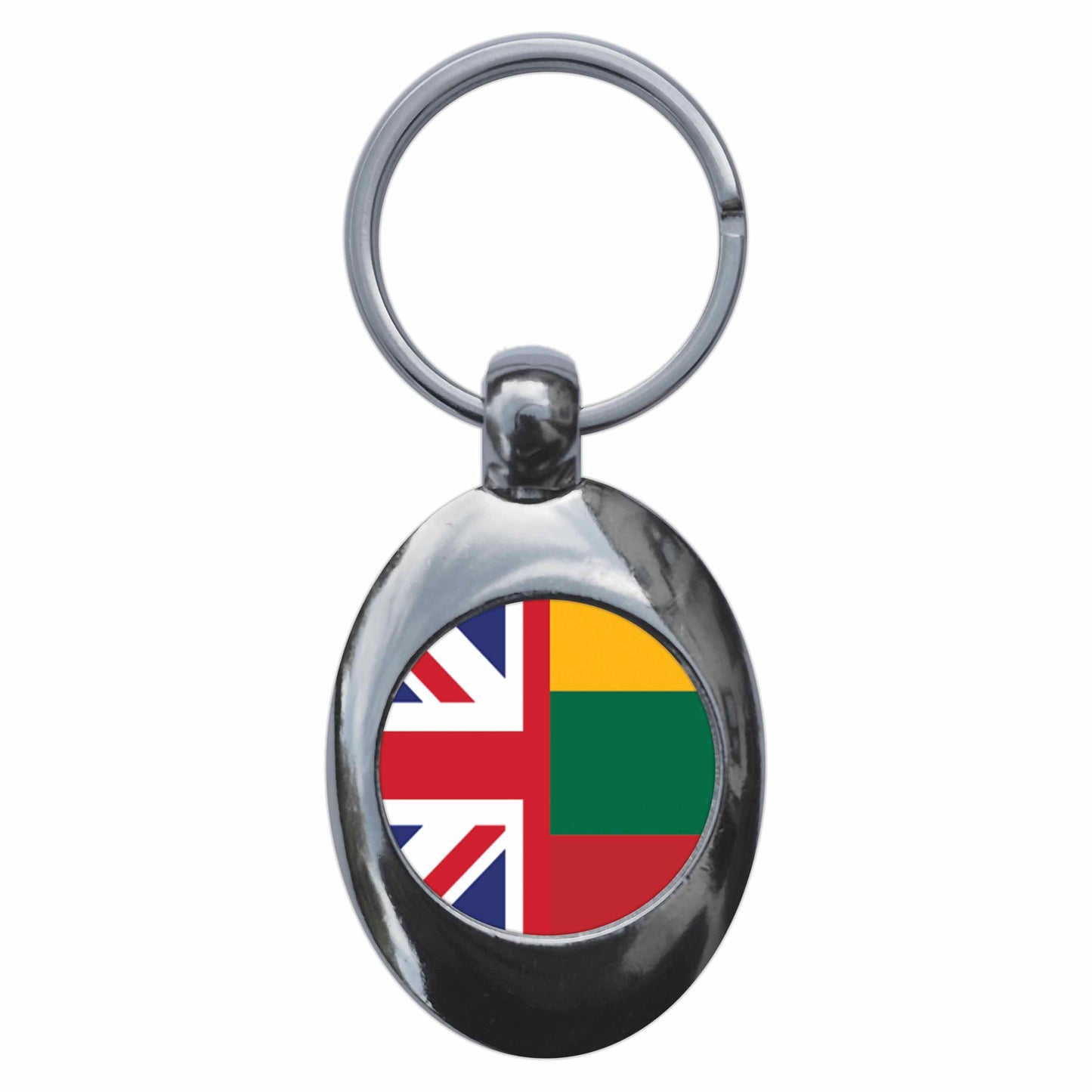 A picture of the front of the product, titled Lithuania United Kingdom Split Flag Metal Keyring With Trolley Coin