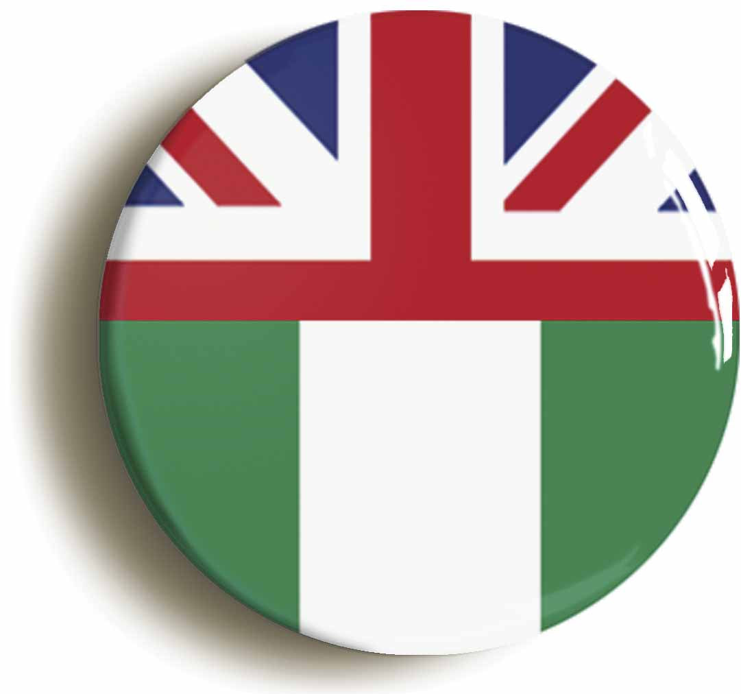 A picture of the front of the product, titled Nigeria United Kingdom Split Flag Button Pin Badge