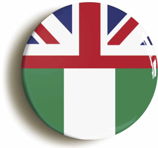 A picture of the front of the product, titled Nigeria United Kingdom Split Flag Button Pin Badge