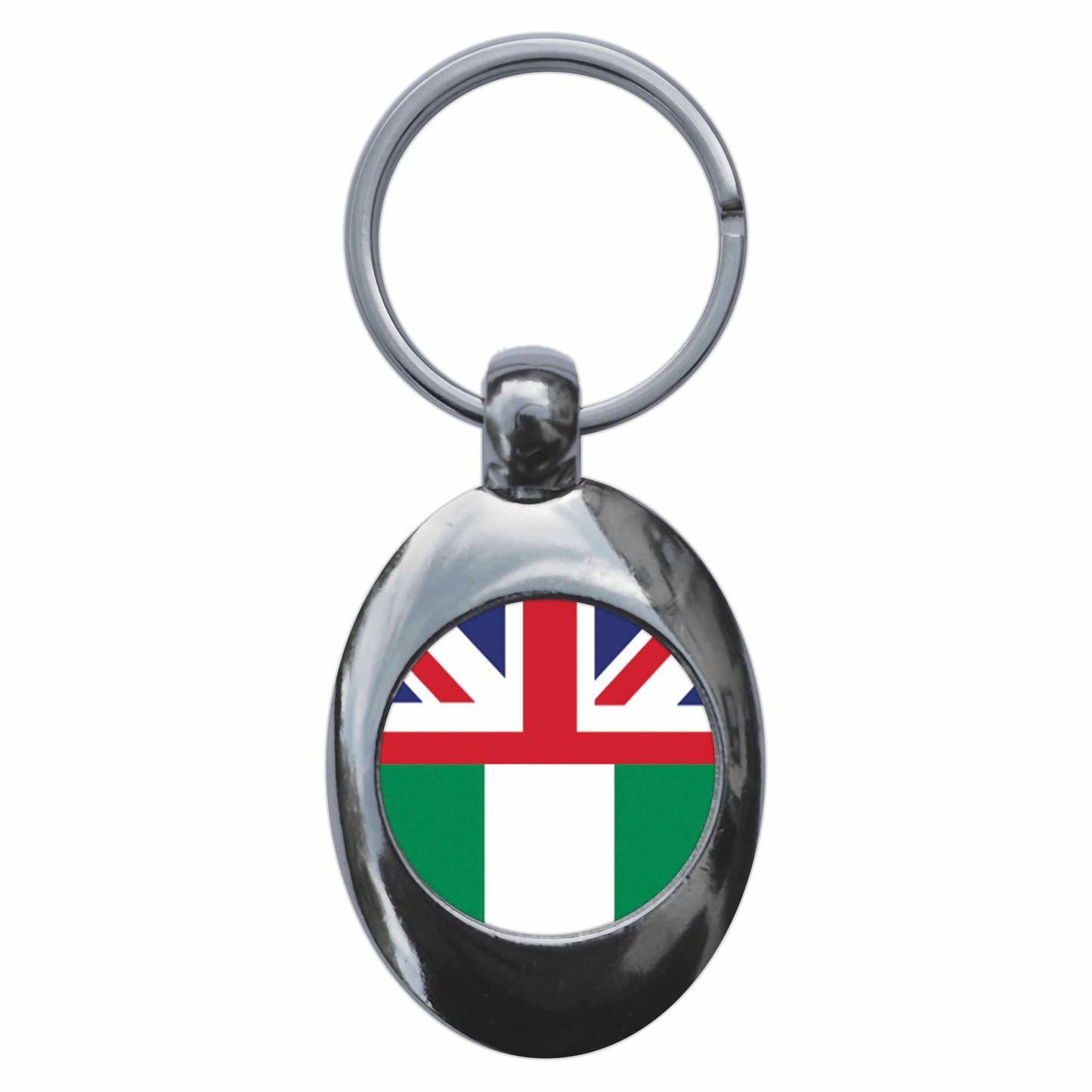 A picture of the front of the product, titled Nigeria United Kingdom Split Flag Metal Keyring With Trolley Coin
