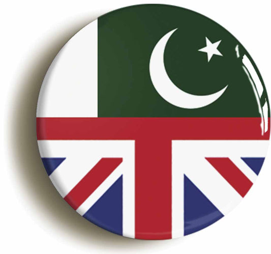 A picture of the front of the product, titled Pakistan United Kingdom Split Flag Button Pin Badge