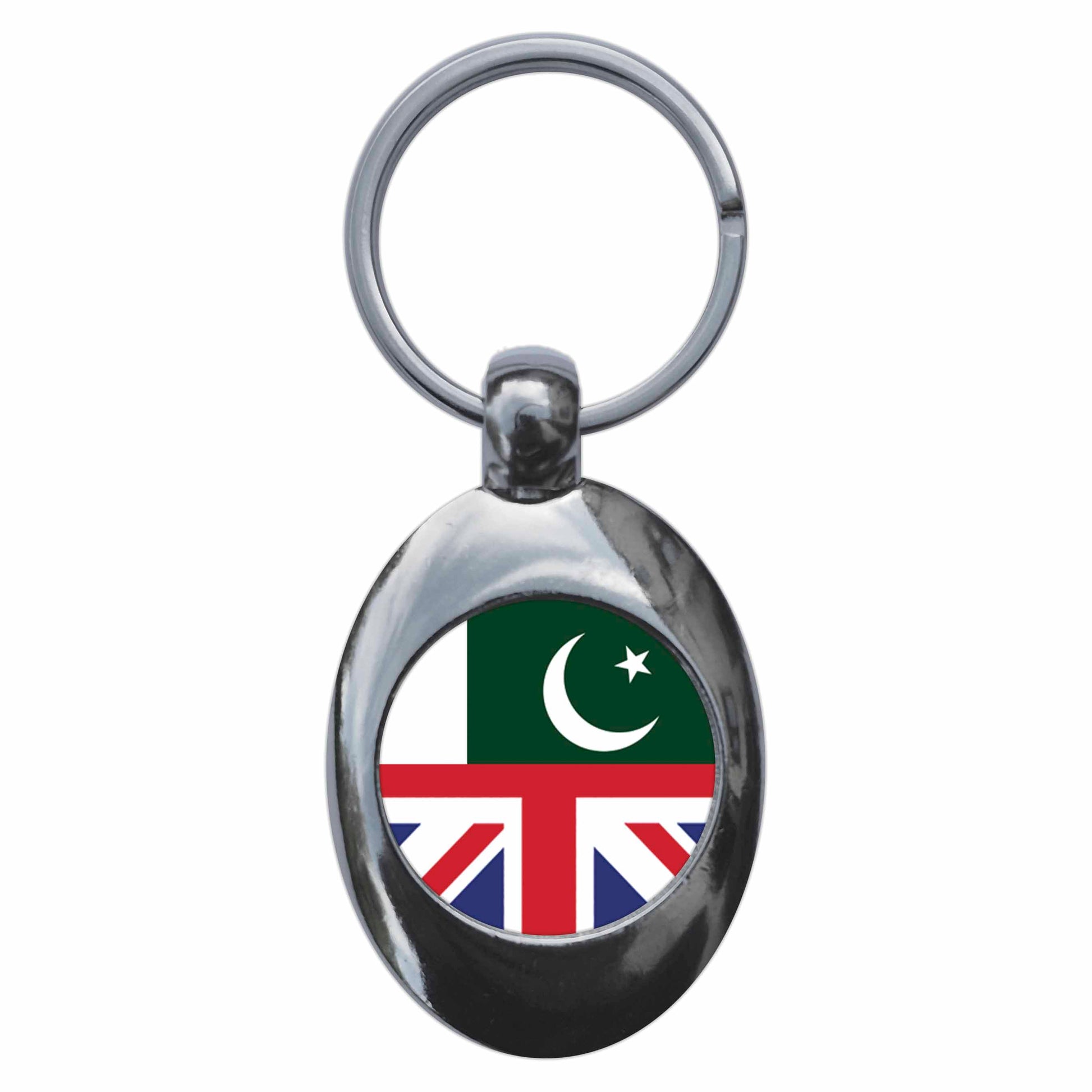 A picture of the front of the product, titled Pakistan United Kingdom Split Flag Metal Keyring With Trolley Coin