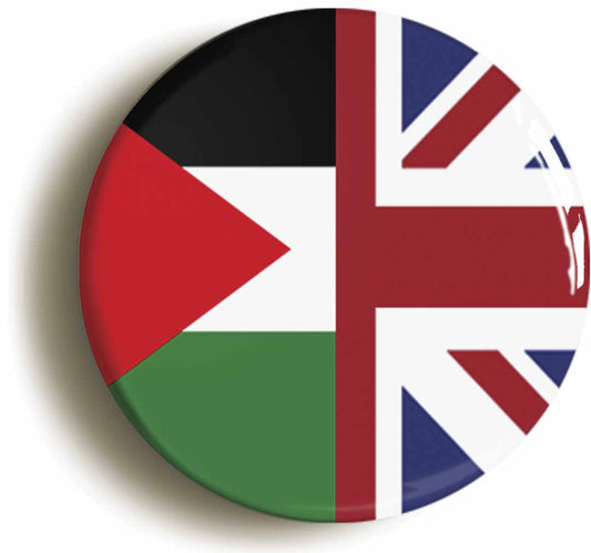 A picture of the front of the product, titled Palestine United Kingdom Split Flag Button Pin Badge