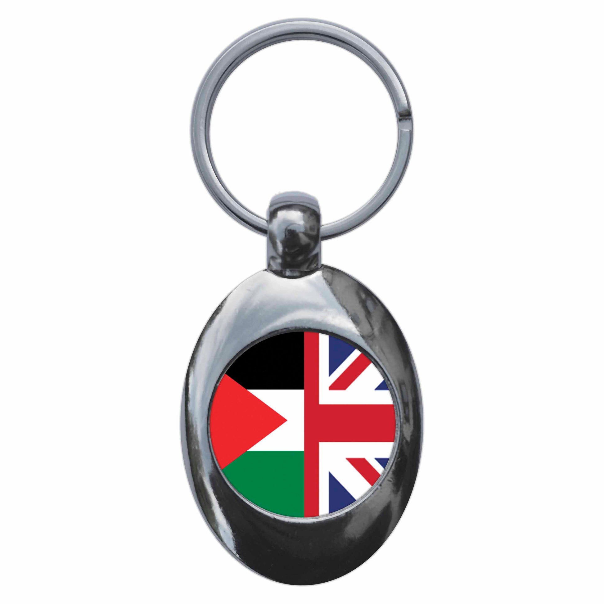 A picture of the front of the product, titled Palestine United Kingdom Split Flag Metal Keyring With Trolley Coin