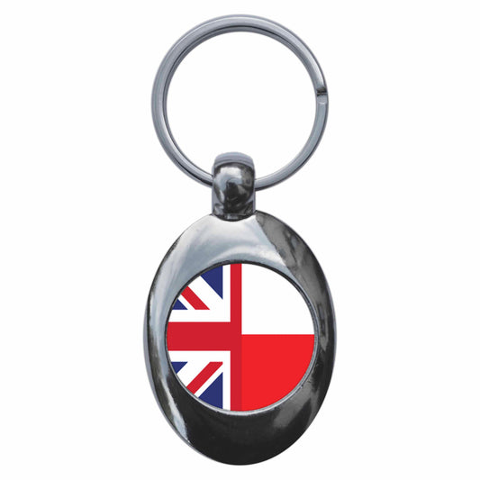 A picture of the front of the product, titled United Kingdom Poland Split Flag Metal Keyring With Trolley Coin