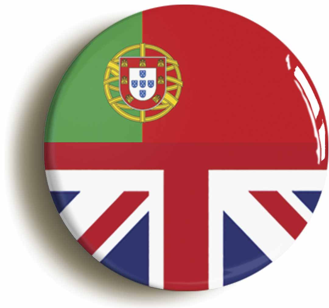 A picture of the front of the product, titled Portugal United Kingdom Split Flag Circular 50mm Fridge Magnet