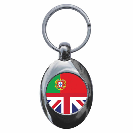 A picture of the front of the product, titled Portugal United Kingdom Split Flag Metal Keyring With Trolley Coin