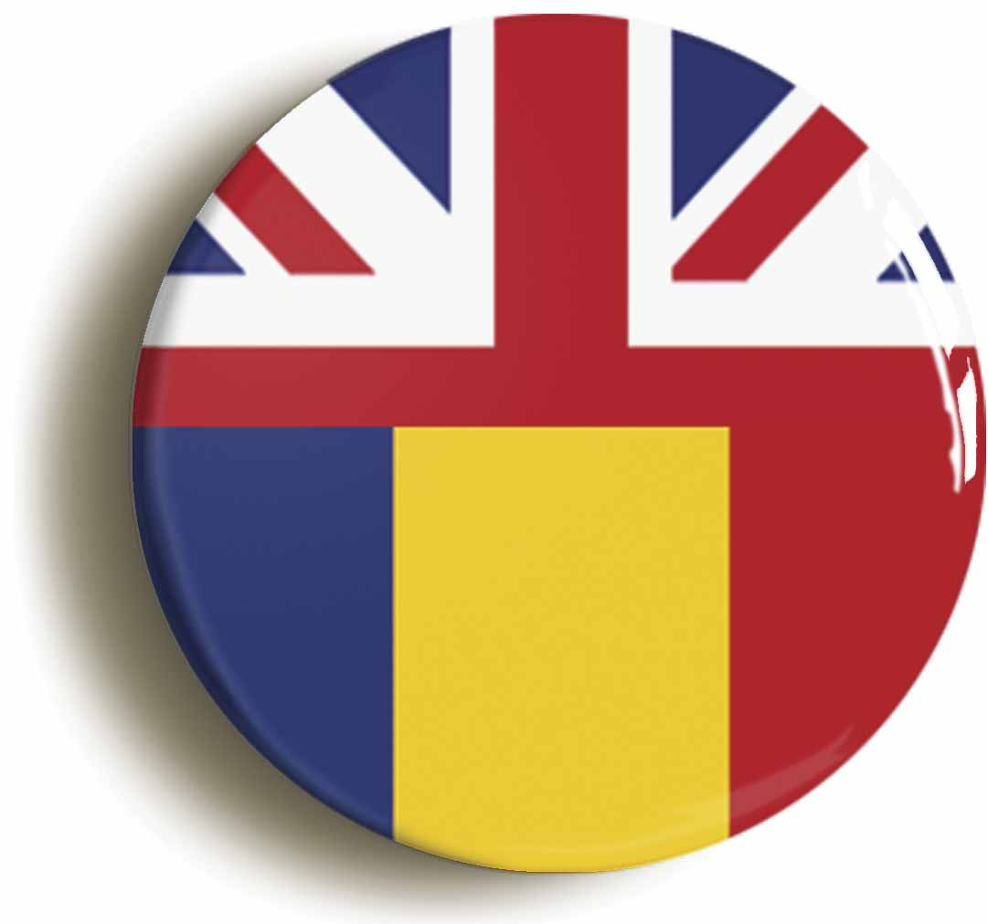 A picture of the front of the product, titled Romania United Kingdom Split Flag Button Pin Badge