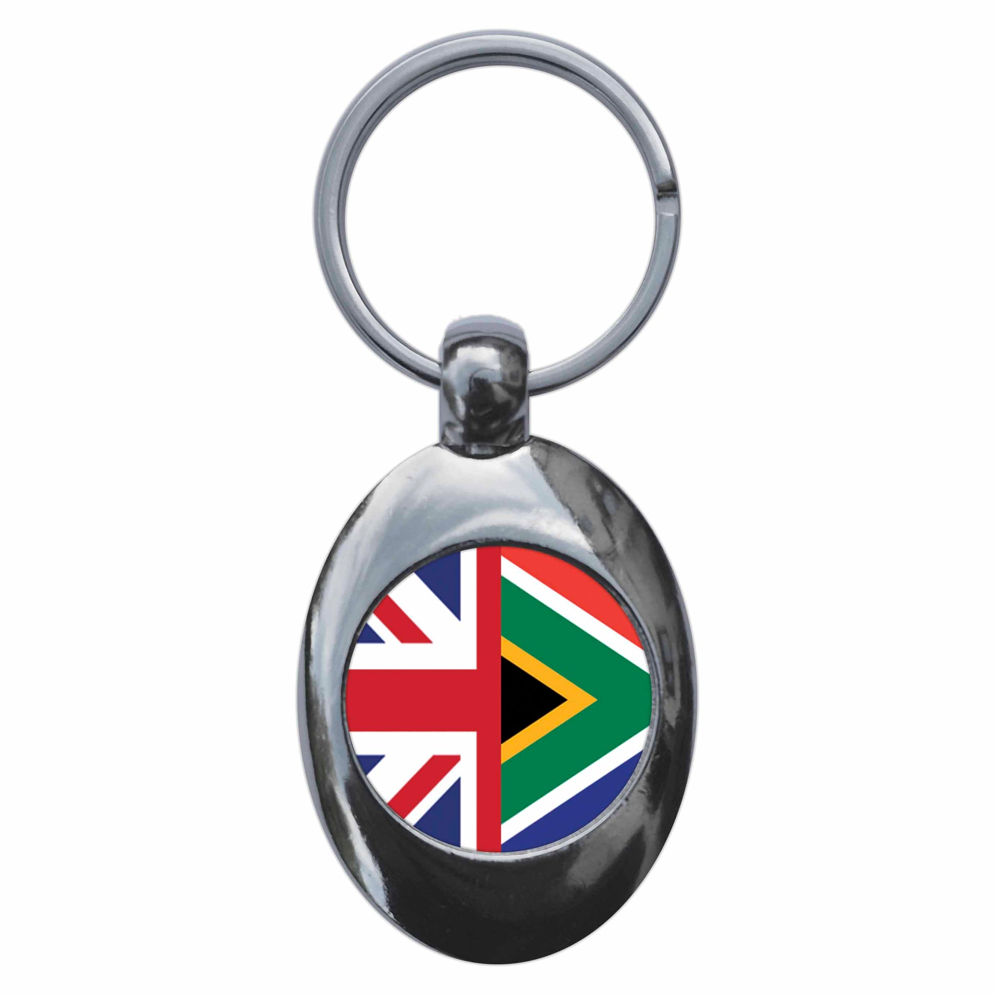 A picture of the front of the product, titled South Africa United Kingdom Split Flag Metal Keyring With Trolley Coin