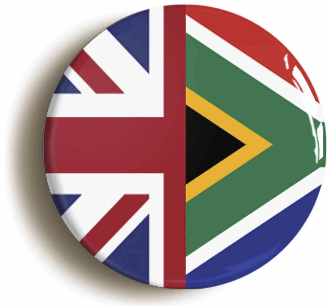 A picture of the front of the product, titled South Africa United Kingdom Split Flag Circular 50mm Fridge Magnet