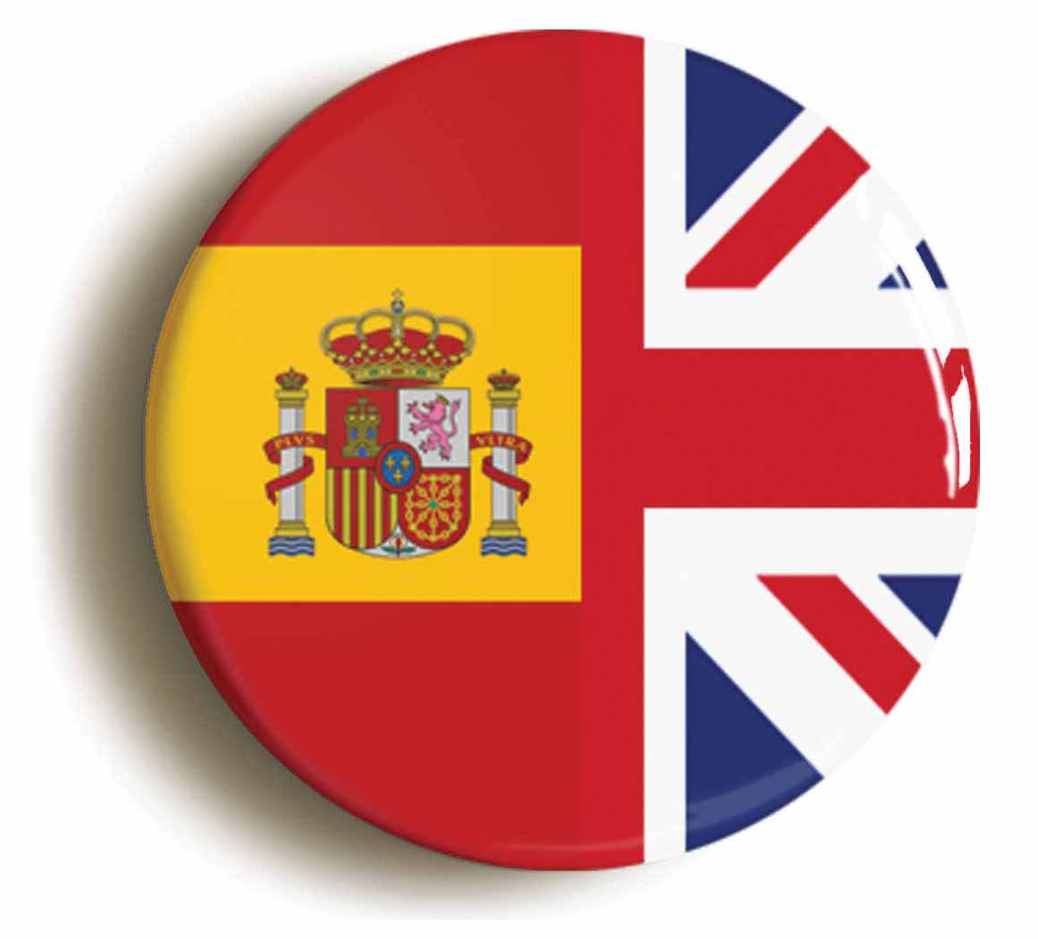 A picture of the front of the product, titled Britain Spain British Spanish Split Flag Button Pin Badge