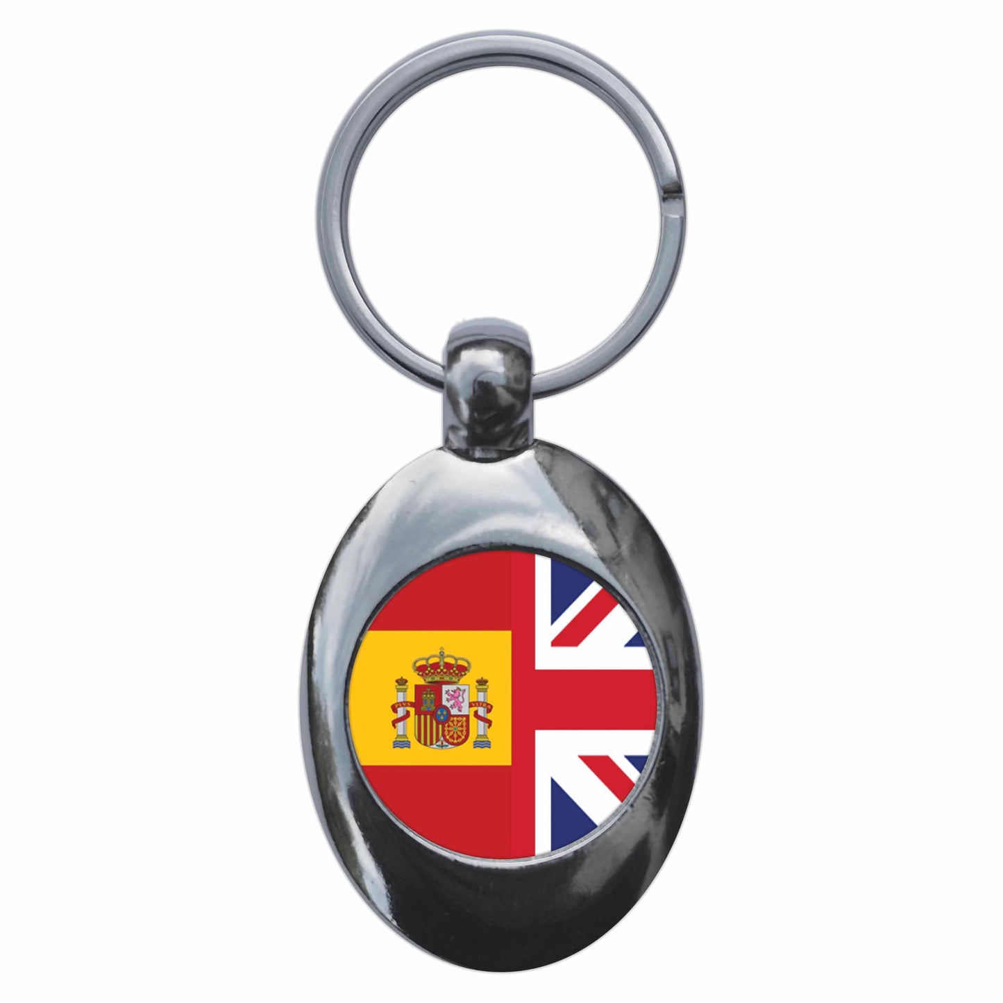 A picture of the front of the product, titled United Kingdom Spain Split Flag Metal Keyring With Trolley Coin