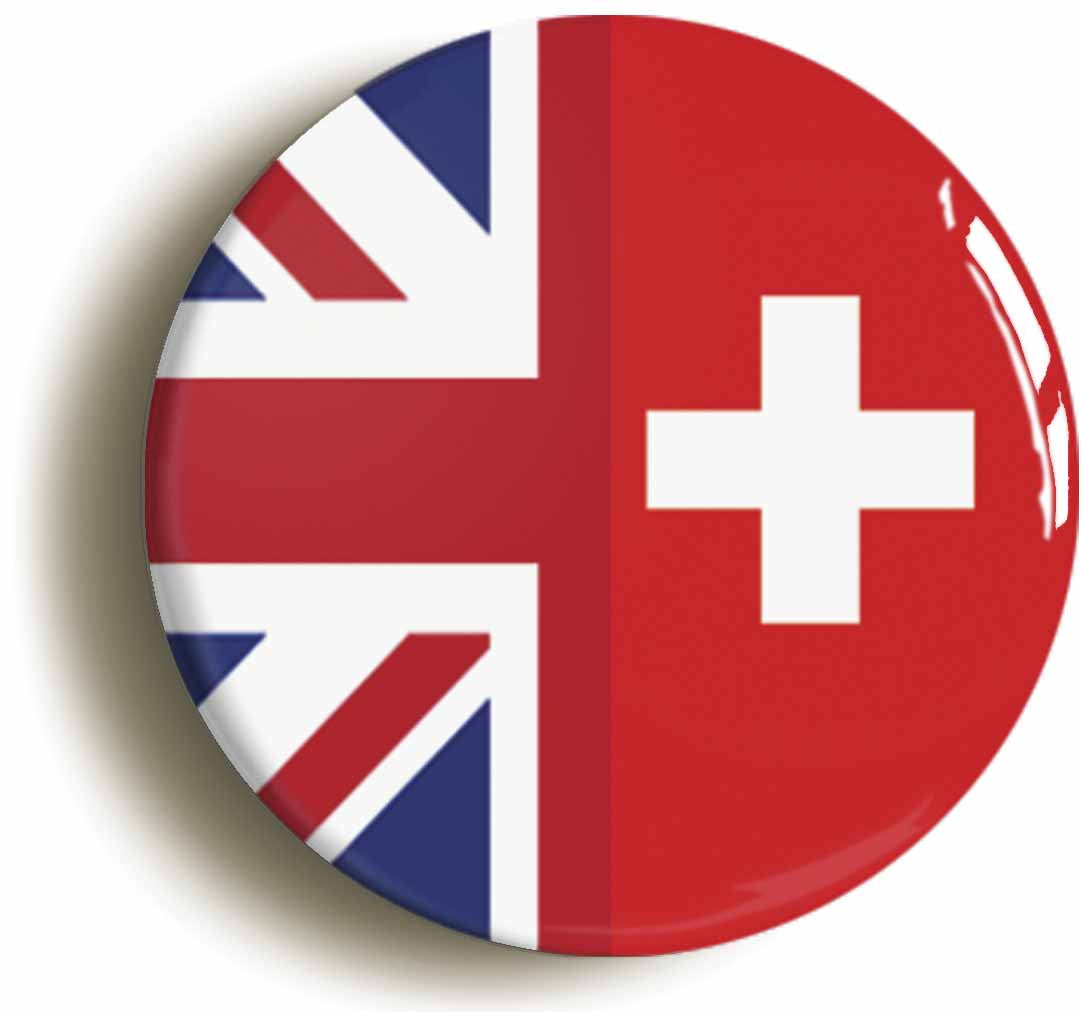 A picture of the front of the product, titled Switzerland United Kingdom Split Flag Button Pin Badge