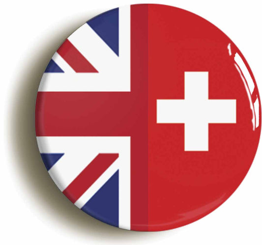A picture of the front of the product, titled Switzerland United Kingdom Split Flag Button Pin Badge