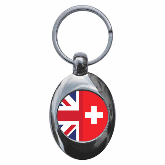 A picture of the front of the product, titled Switzerland United Kingdom Split Flag Metal Keyring With Trolley Coin