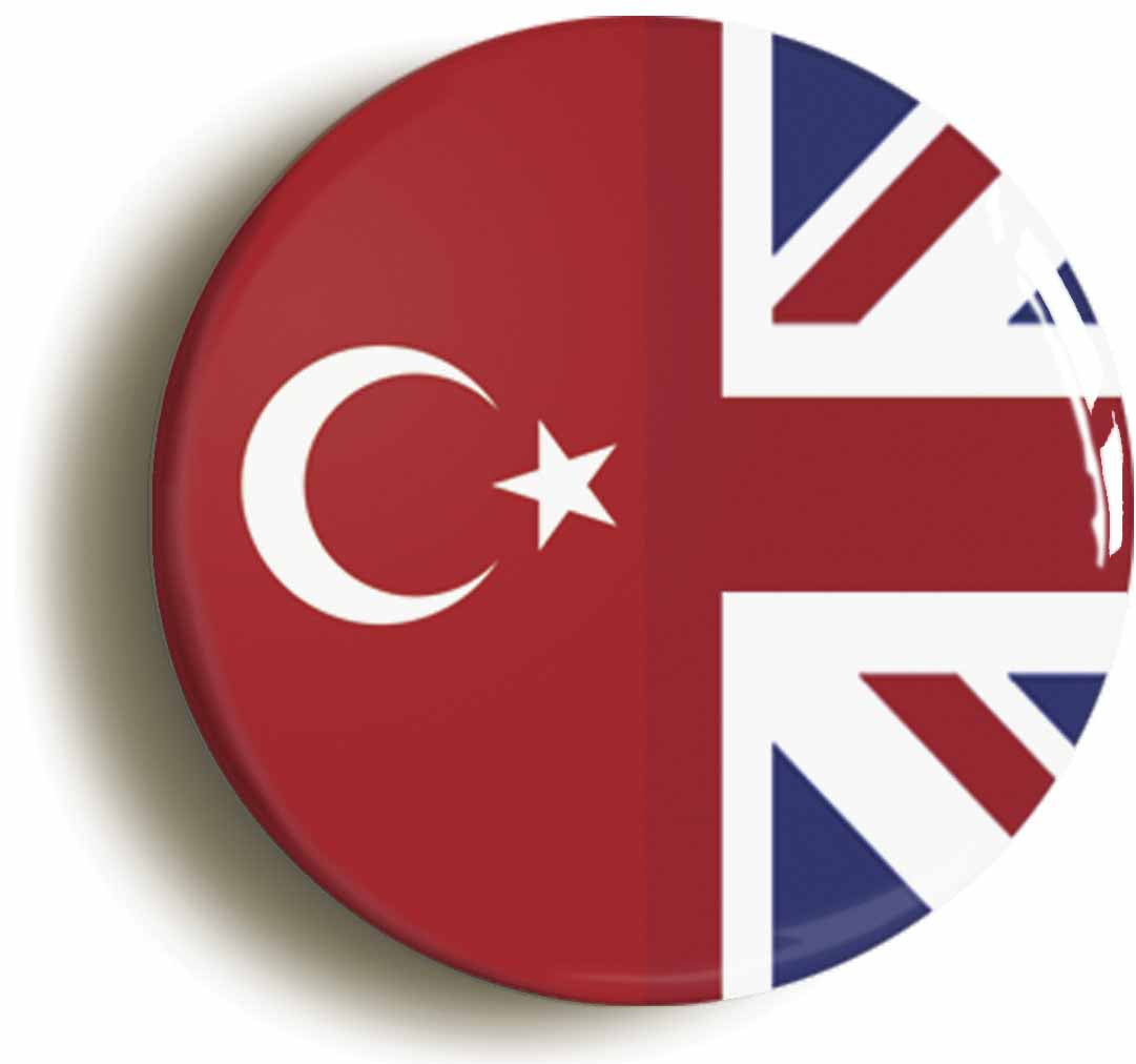 A picture of the front of the product, titled Turkey United Kingdom Split Flag Button Pin Badge