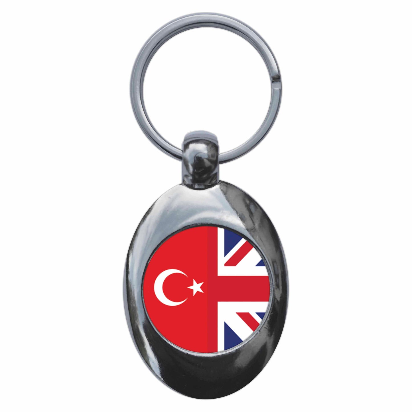 A picture of the front of the product, titled Turkey United Kingdom Split Flag Metal Keyring With Trolley Coin