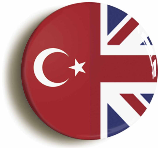 A picture of the front of the product, titled Turkey United Kingdom Split Flag Circular 50mm Fridge Magnet