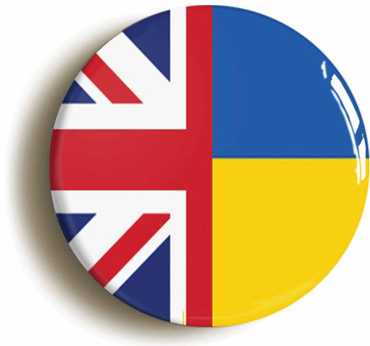 A picture of the front of the product, titled Britain Ukraine British Ukrainian Split Flag Button Pin Badge