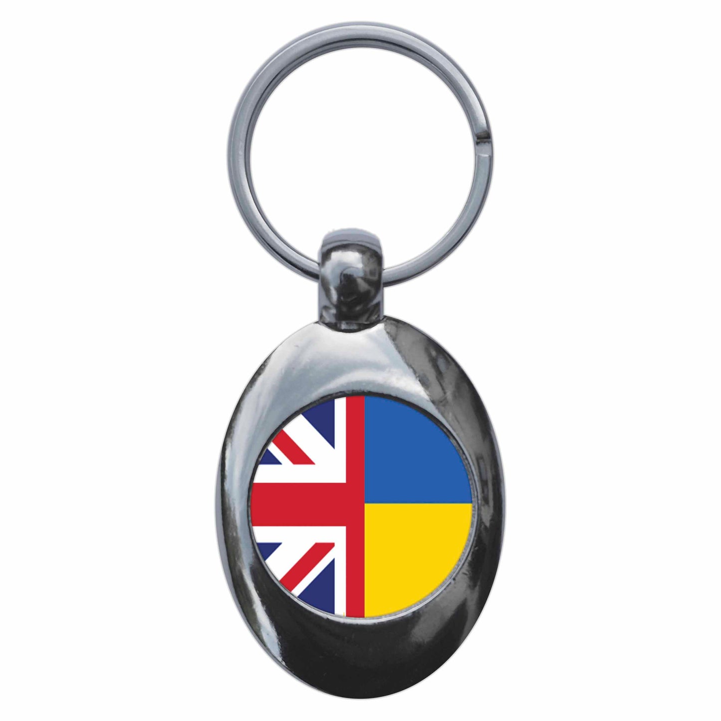 A picture of the front of the product, titled United Kingdom Ukraine Split Flag Metal Keyring With Trolley Coin
