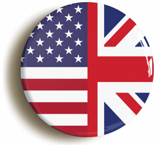 A picture of the front of the product, titled Britain United States British American Split Flag Button Pin Badge