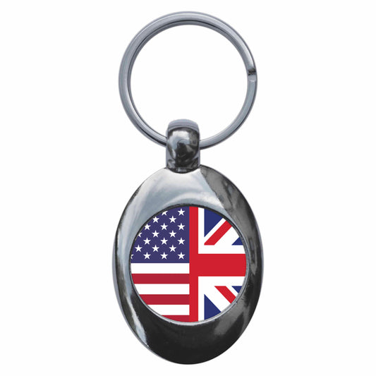 A picture of the front of the product, titled United Kingdom United States Of America Split Flag Metal Keyring With Trolley Coin