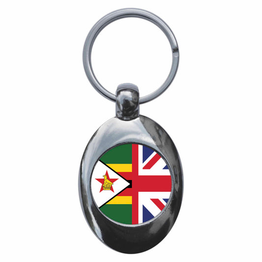 A picture of the front of the product, titled Zimbabwe United Kingdom Split Flag Metal Keyring With Trolley Coin