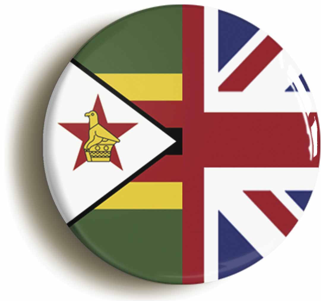 A picture of the front of the product, titled Zimbabwe United Kingdom Split Flag Circular 50mm Fridge Magnet