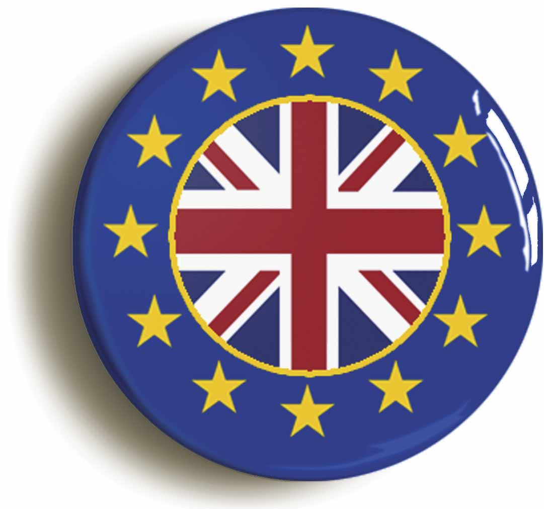 A picture of the front of the product, titled United Kingdom European Union Split Flag Button Pin Badge