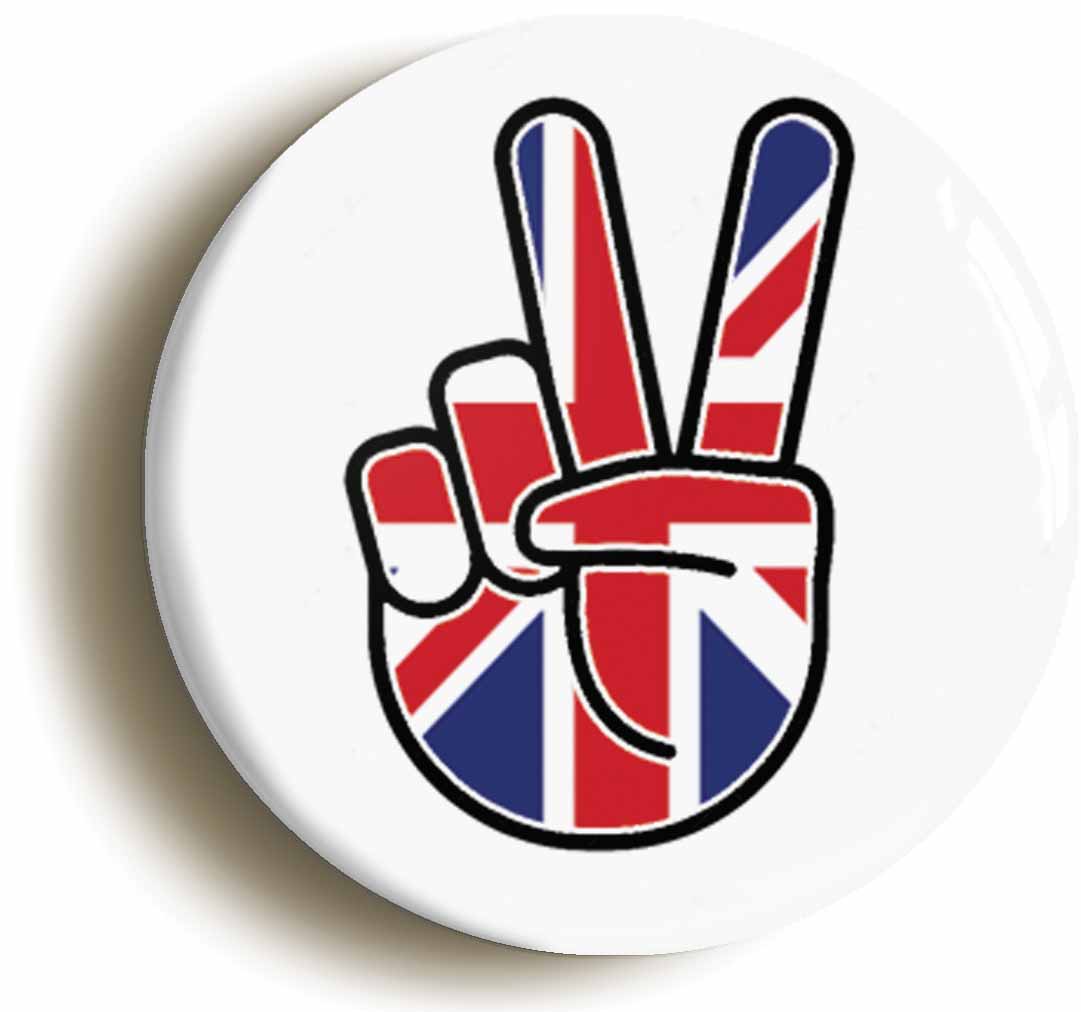 A picture of the front of the product, titled United Kingdom Great Britain UK British National Flag Peace Sign V Button Pin Badge