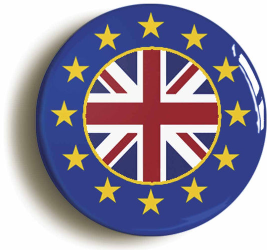A picture of the front of the product, titled United Kingdom European Union Split Flag Circular 50mm Fridge Magnet