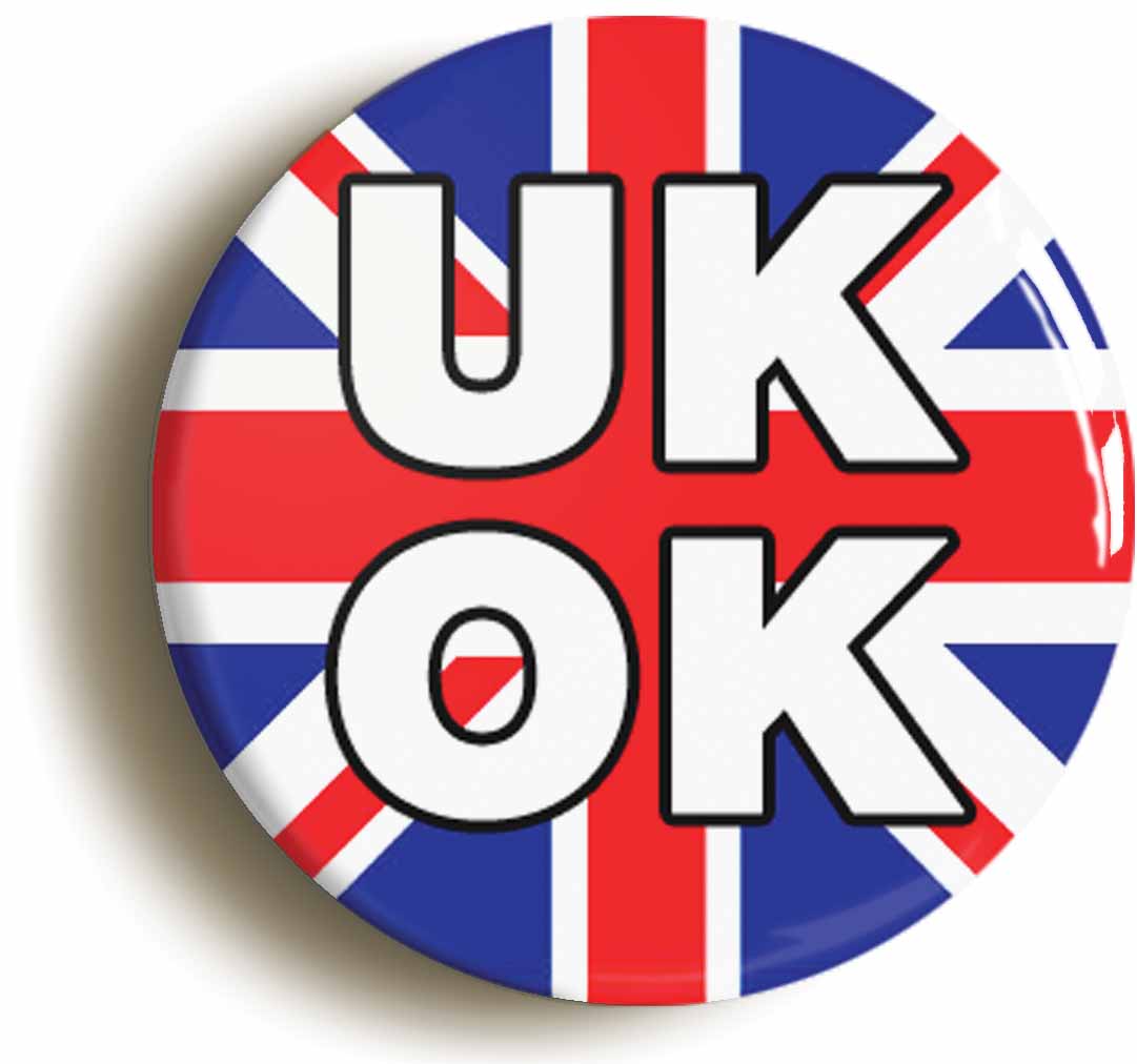 A picture of the front of the product, titled UK OK British Flag Button Pin Badge