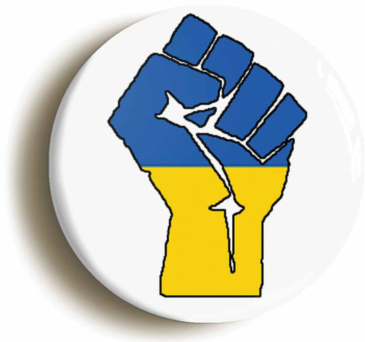 A picture of the front of the product, titled Ukraine Solidarity Fist Ukrainian Flag Button Pin Badge