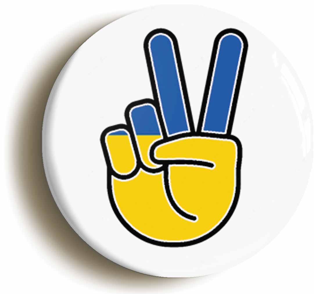 A picture of the front of the product, titled Ukraine Ukrainian National Flag Peace Sign V Button Pin Badge