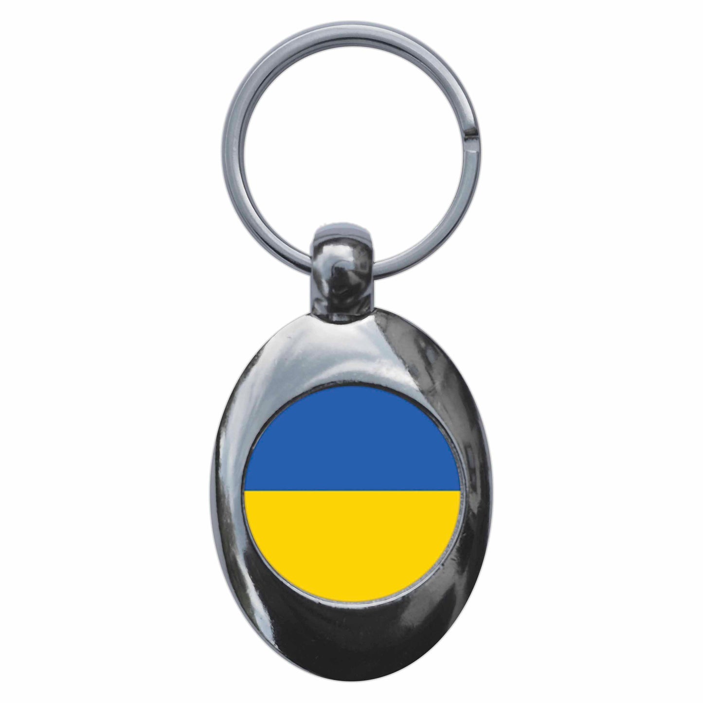 A picture of the front of the product, titled Ukraine Ukrainian National Flag Metal Keyring With Trolley Coin