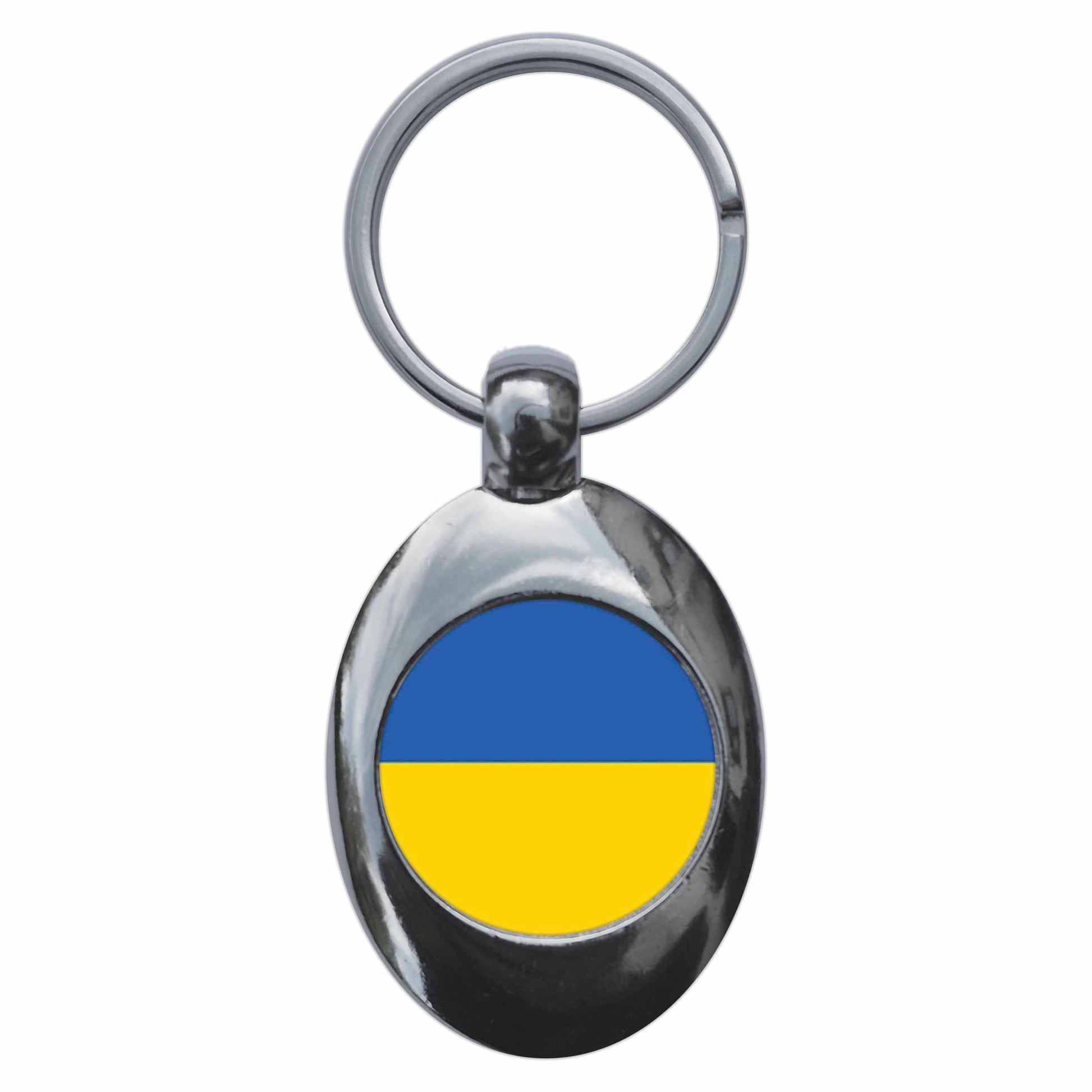 A picture of the front of the product, titled Ukraine Ukrainian National Flag Metal Keyring With Trolley Coin