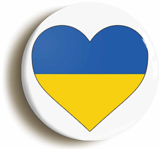 A picture of the front of the product, titled Ukraine Ukrainian Flag Heart Button Pin Badge