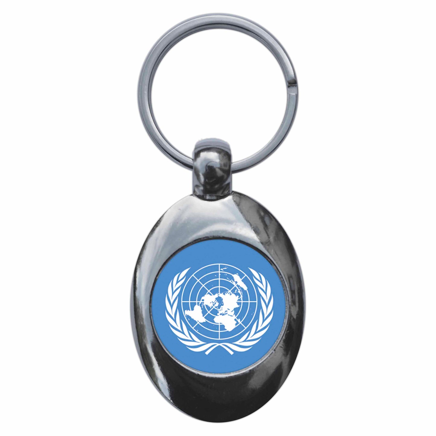 A picture of the front of the product, titled United Nations UN Emblem Flag Metal Keyring With Trolley Coin